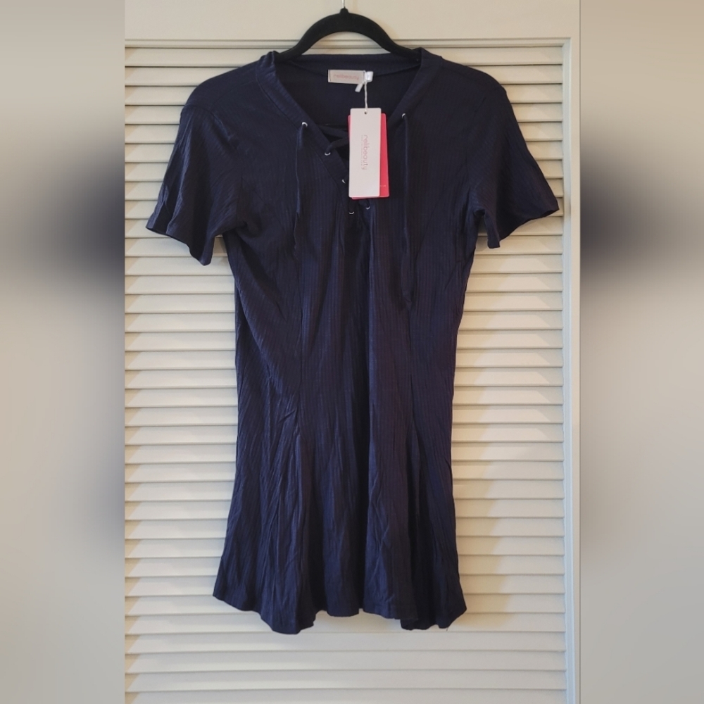 Relibeauty - (NWT) Navy Short-Sleeve Lace-Up Mini Dress